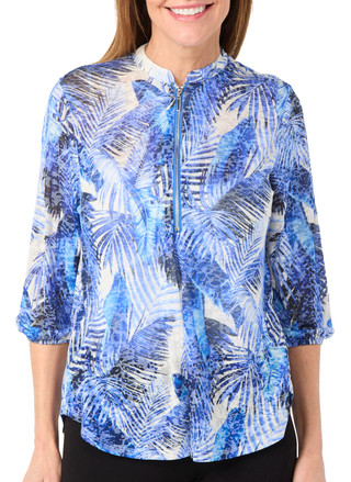 Thumbnail 3: Cocomo Cocomo Petite 3/4 Sleeve Printed Burnout Zip Top 