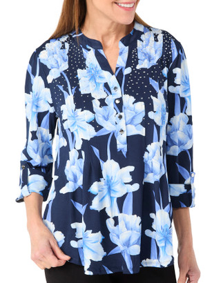 Thumbnail 1: Cocomo Cocomo Petite 3/4 Sleeve Pleated Floral Embellished Top 