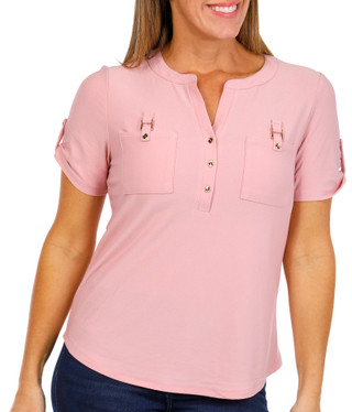 Thumbnail 1: 89th & Madison 89th & Madison Womens Short Sleeve Henley Buckle Top 