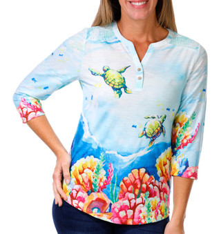 Thumbnail 1: ART & SOL Art & Sol Womens 3/4 Sleeve Print Smock Shoulder Henley Top 