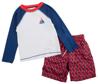 Thumbnail 1: Floatimini Floatimini Little Boys 2 Pc Sailboat Swim Trunks Set 