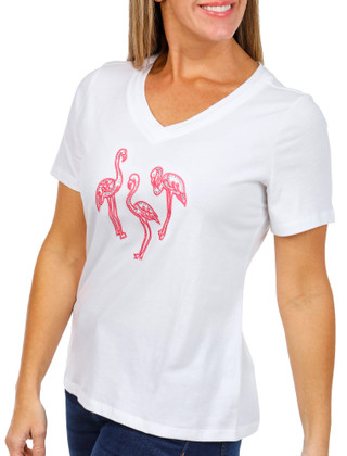 Thumbnail 2: Coral Bay Coral Bay Womens Short Sleeve Embellished Flamingo Top 