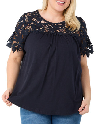 Thumbnail 1: Tommy Hilfiger Tommy Hilfiger Plus Short Sleeve Lace Yoke Top 