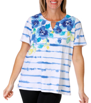 Thumbnail 1: Alfred Dunner Alfred Dunner Womens Short Sleeve Floral Stripe Studio Top 