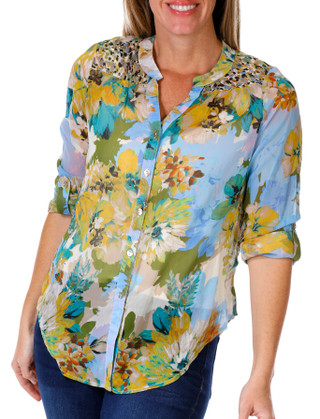 Thumbnail 1: Figueroa and Flower Figueroa & Flower Petite 3/4 Sleeve Floral Mesh Top 