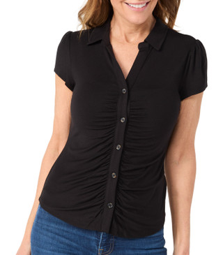 Thumbnail 1: Philosophy Philosophy Petite Short Sleeve Ruched Knit Button Down Top 