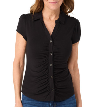 Thumbnail 3: Philosophy Philosophy Petite Short Sleeve Ruched Knit Button Down Top 