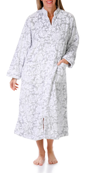 Thumbnail 1: Aria Aria Womens Zip Collar Rose Print Silky Plush Robe 