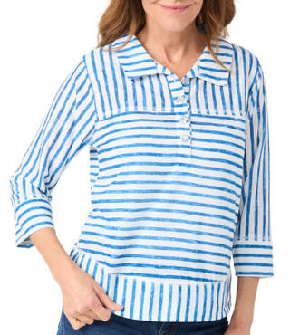 Thumbnail 2: Onque Onque Petite 3/4 Sleeve Striped Button Down Collar Knit Top 