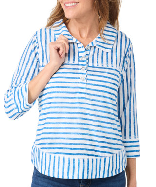 Thumbnail 1: Onque Onque Petite 3/4 Sleeve Striped Button Down Collar Knit Top 