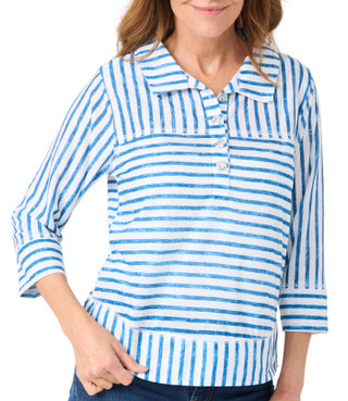 Thumbnail 2: Onque Onque Womens 3/4 Sleeve Striped Button Down Collar Knit Top 