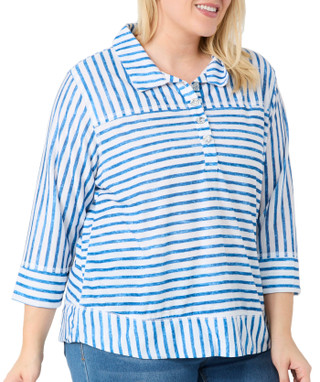 Thumbnail 2: Onque Onque Plus 3/4 Sleeve Striped Button Down Collar Knit Top 