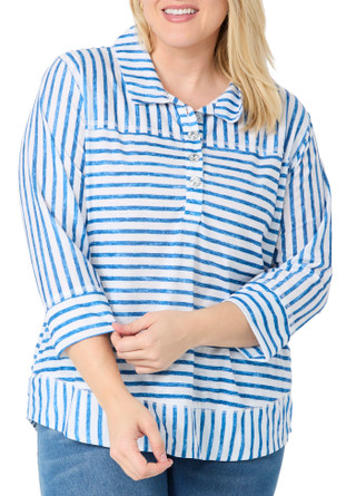 Thumbnail 1: Onque Onque Plus 3/4 Sleeve Striped Button Down Collar Knit Top 