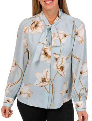 Thumbnail 1: LAUNDRY BY SHELLI SEGAL Laundry Womens Long Sleeve Floral Tie Neck Top 