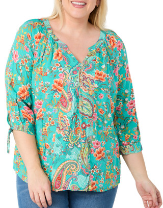 Thumbnail 1: Figueroa and Flower Figueroa and Flower Plus 3/4 Sleeve Button Tie Front Top 