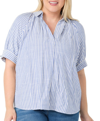 Thumbnail 2: MAX STUDIO Max Studio Plus Short Sleeve Collar Yard Stripe Top 