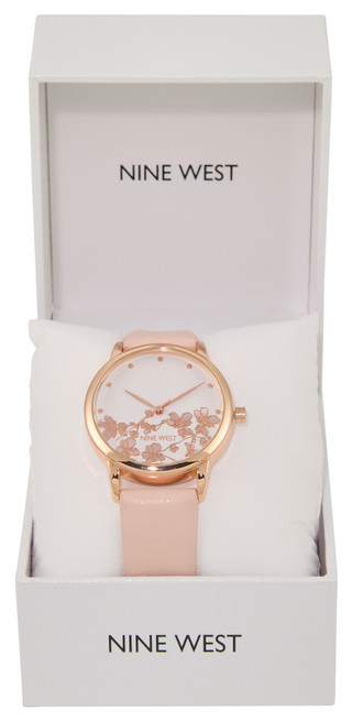 Thumbnail 1: NINE WEST Nine West Womens Leather Floral Round Dial Watch 
