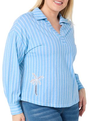 Thumbnail 2: Kiss & Fly Kiss & Fly Plus Long Sleeve Collared Palm Tree Stripe Top 
