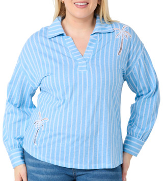 Thumbnail 1: Kiss & Fly Kiss & Fly Plus Long Sleeve Collared Palm Tree Stripe Top 