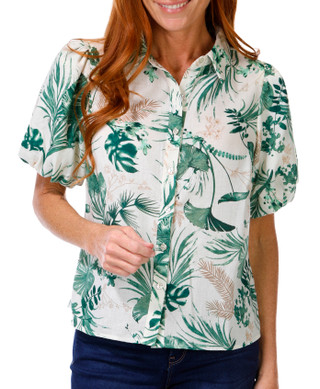 Thumbnail 1: Chenault Chenault Womens Puffer Sleeve Botanical Print Top 