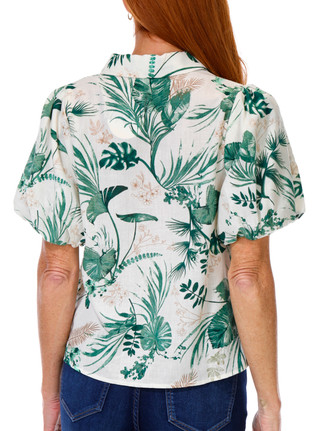 Thumbnail 3: Chenault Chenault Womens Puffer Sleeve Botanical Print Top 