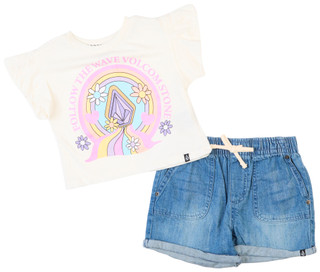 Thumbnail 1: VOLCOM Volcom Little Girls 2 Pc Graphic Tee & Denim Shorts Set 