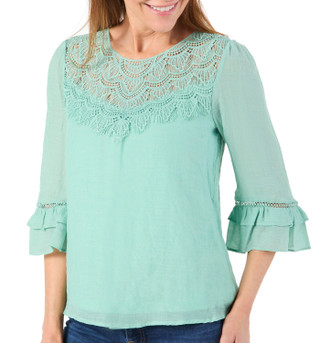 Thumbnail 1: FIGUEROA & FLOWER Women's Petite 3/4 Sleeve Yoke Lace Top 