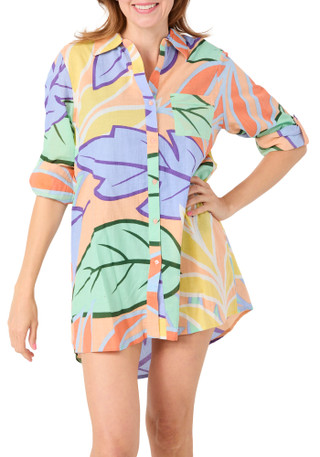 Thumbnail 1: TRU DESTINATIONS Women's Leaf Print Button Down Tunic Cover Up  