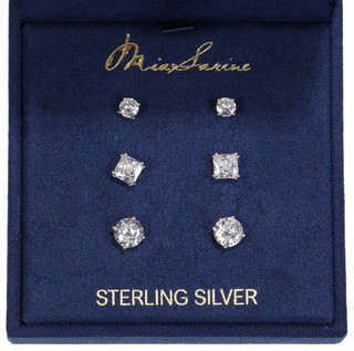 Thumbnail 3: NES GROUP Sterling Silver 3 Pc Round Square CZ Stud Set 
