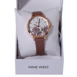 Thumbnail 2: NINE WEST Leather Round Floral Dial Boxed Watch 