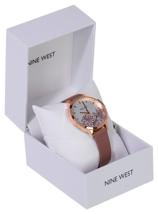 Thumbnail 1: NINE WEST Leather Round Floral Dial Boxed Watch 