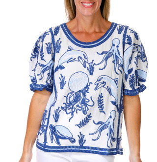 Thumbnail 1: Solitaire Women's Embroidered Sealife Puff Sleeve Top 