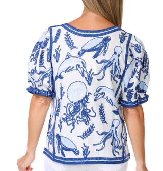 Thumbnail 2: Solitaire Women's Embroidered Sealife Puff Sleeve Top 