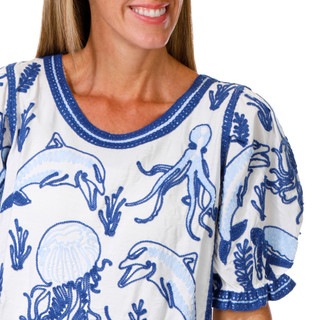 Thumbnail 3: Solitaire Women's Embroidered Sealife Puff Sleeve Top 