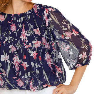 Thumbnail 3: Cocomo Women's 3/4 Sleeve Floral Mesh Bubble Hem Top 