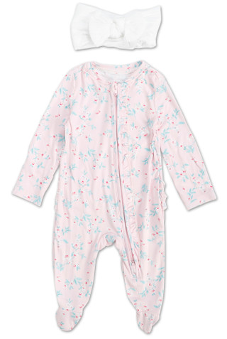 Thumbnail 1: Paris Hilton Baby Girls Ruffled Sleeper with Bonus Headband 