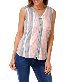 Thumbnail 1: Blue Mood Women's Striped Button Front Sleeveless Top 