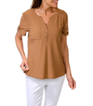 Thumbnail 1: Late August Women's Short Sleeve Button Placket Top 
