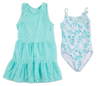 Thumbnail 1: BMAGICAL Girls One Piece Shimmer Coral & Seashell Swimsuit w/Perforated Dress Coverup 