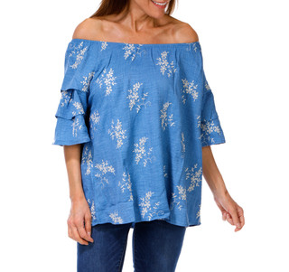 Thumbnail 1: AMANA Women's Embroidered Floral Eyelet Off Shoulder Top 