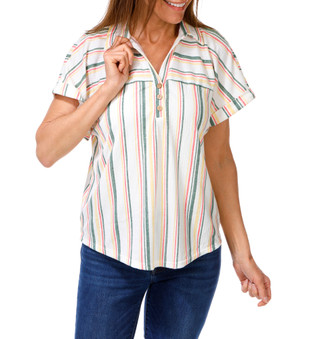Thumbnail 1: Cure. Women's Striped Three Button Y-Neck Top 