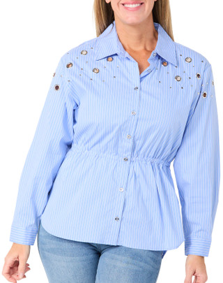 Thumbnail 1: BADGLEY MISCHKA Women's Long Sleeve Button Down Grommet Poplin Top 