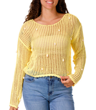 Thumbnail 1: No Comment Junior's Long Sleeve Open Knit Shell Sweater 