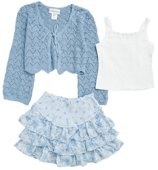 Thumbnail 2: Tween Diva Big Girls 3‑Piece Cardigan & Floral Blue Skort Set  