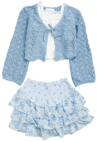 Thumbnail 1: Tween Diva Big Girls 3‑Piece Cardigan & Floral Blue Skort Set  
