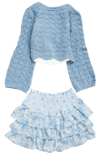 Thumbnail 3: Tween Diva Big Girls 3‑Piece Cardigan & Floral Blue Skort Set  