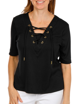 Thumbnail 1: ADRIENNE VITTADINI Women's Solid Ribbed Lace Up Neck Top 