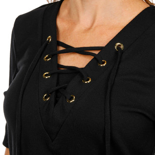 Thumbnail 3: ADRIENNE VITTADINI Women's Solid Ribbed Lace Up Neck Top 