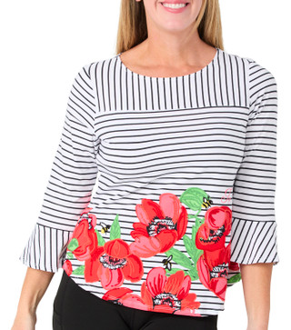 Thumbnail 1: Ruby Road Petite 3/4 Bell Sleeve Stripe Floral Top 