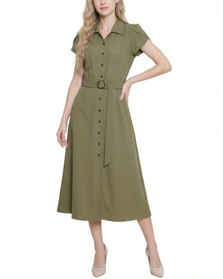 Thumbnail 1: NY COLLECTION Petite Solid Belted Scuba Crepe Midi Dress 